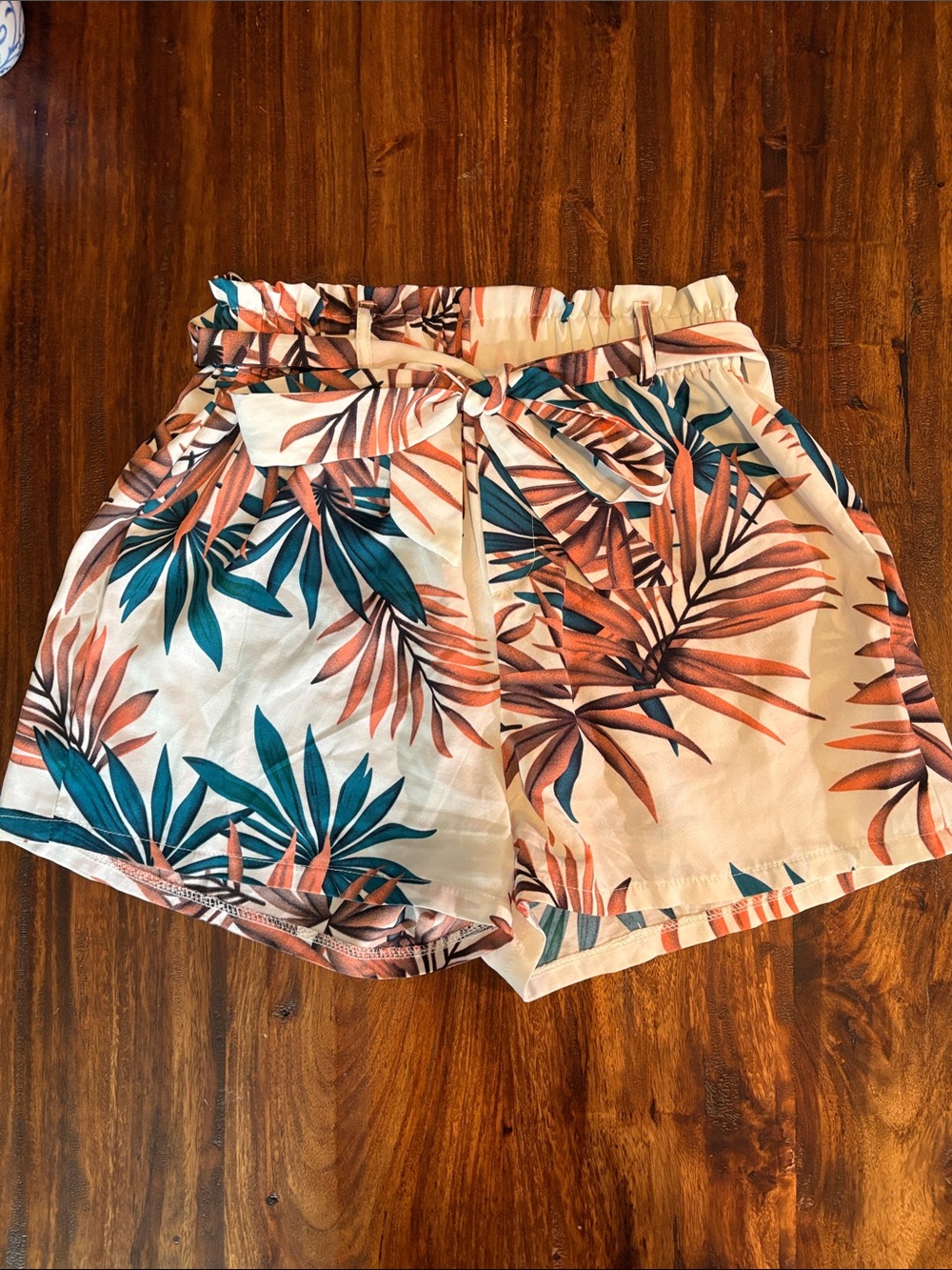 Women’s Tropical Print Paperbag Waist Shorts - Teal & Coral